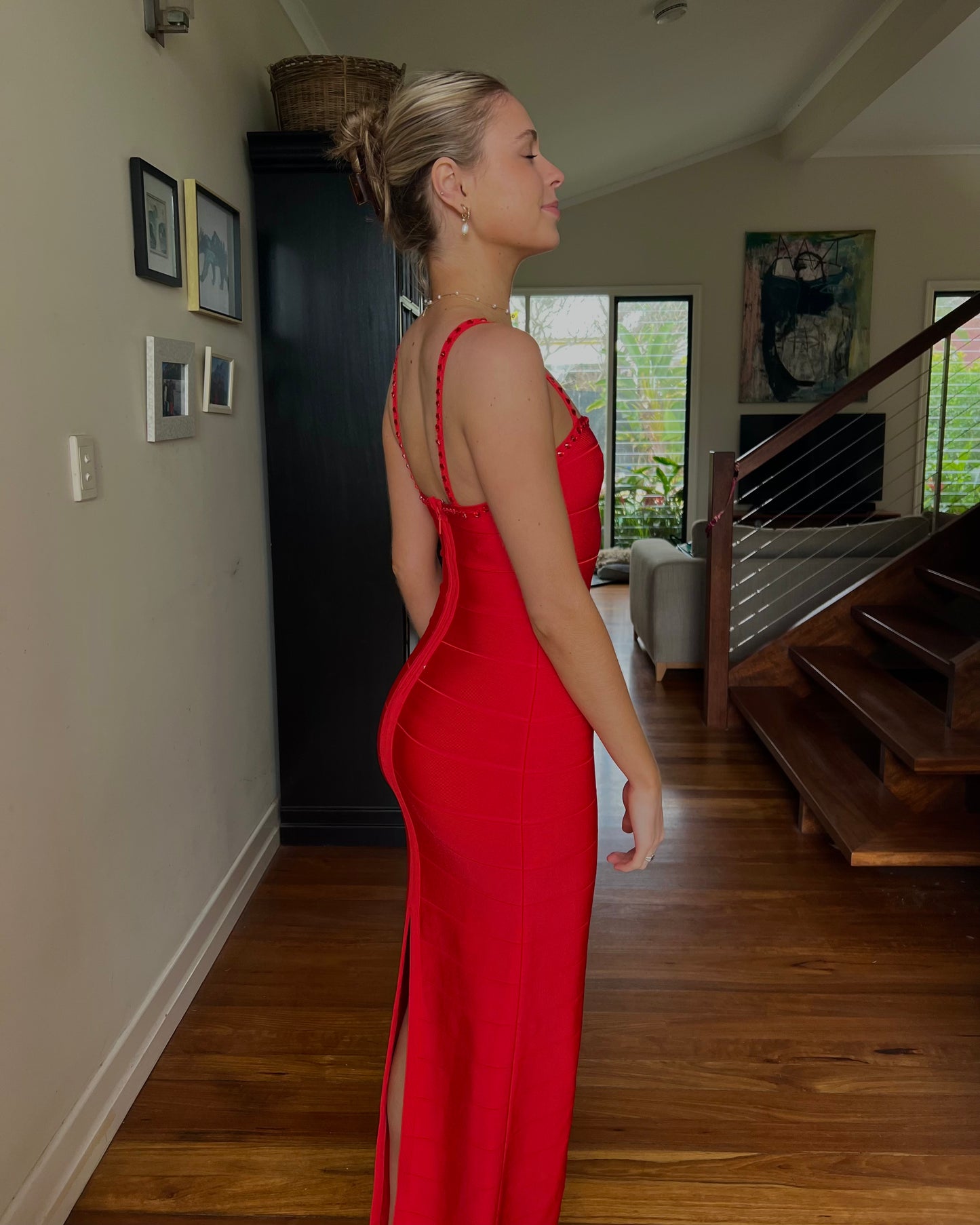 Crystal Embellished Maxi Dress - Red