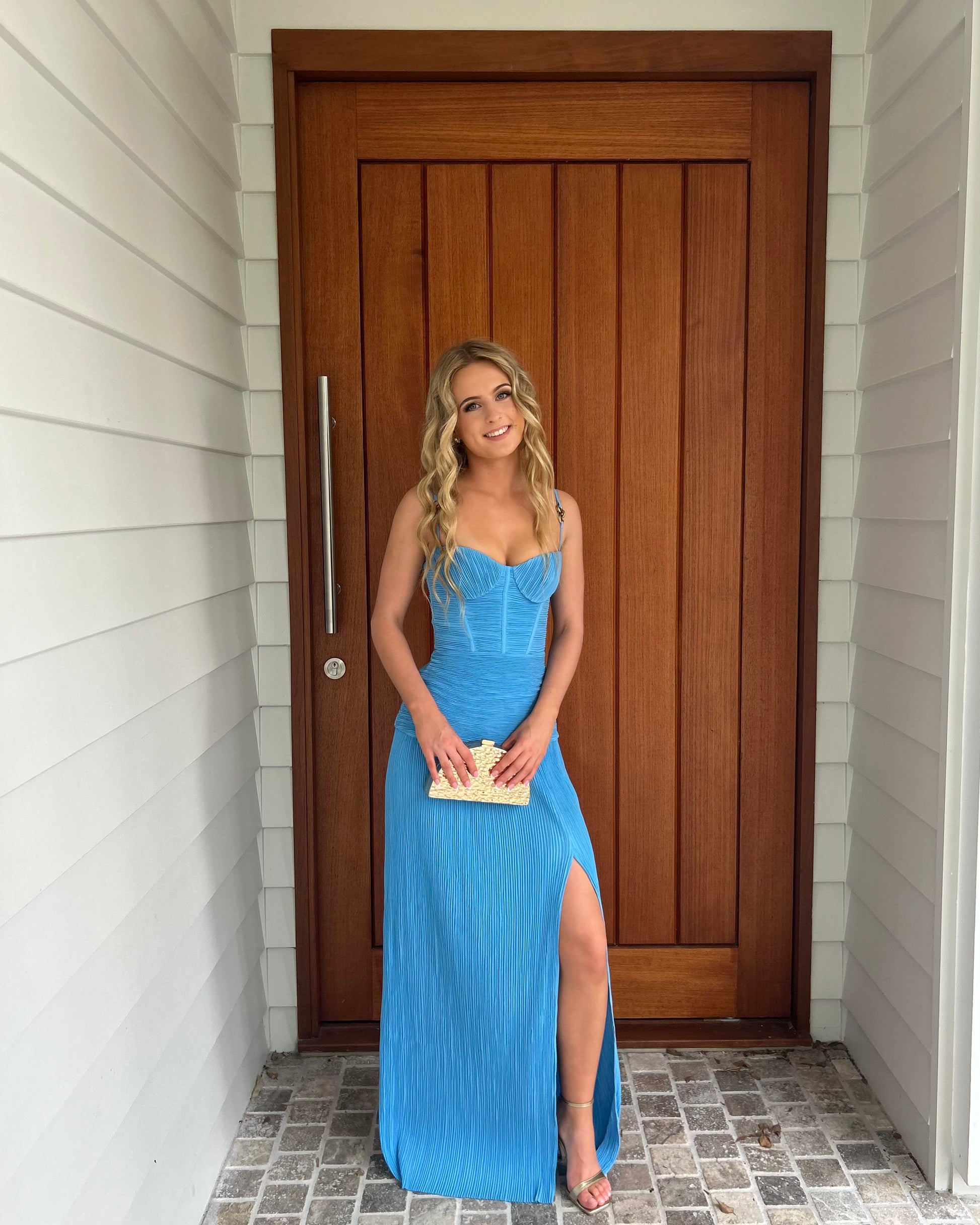 Double Time Pleat Dress - Cerulean blue Book My Look Brisbane Double Time Pleat Dress - Cerulean blue Book My Look Brisbane