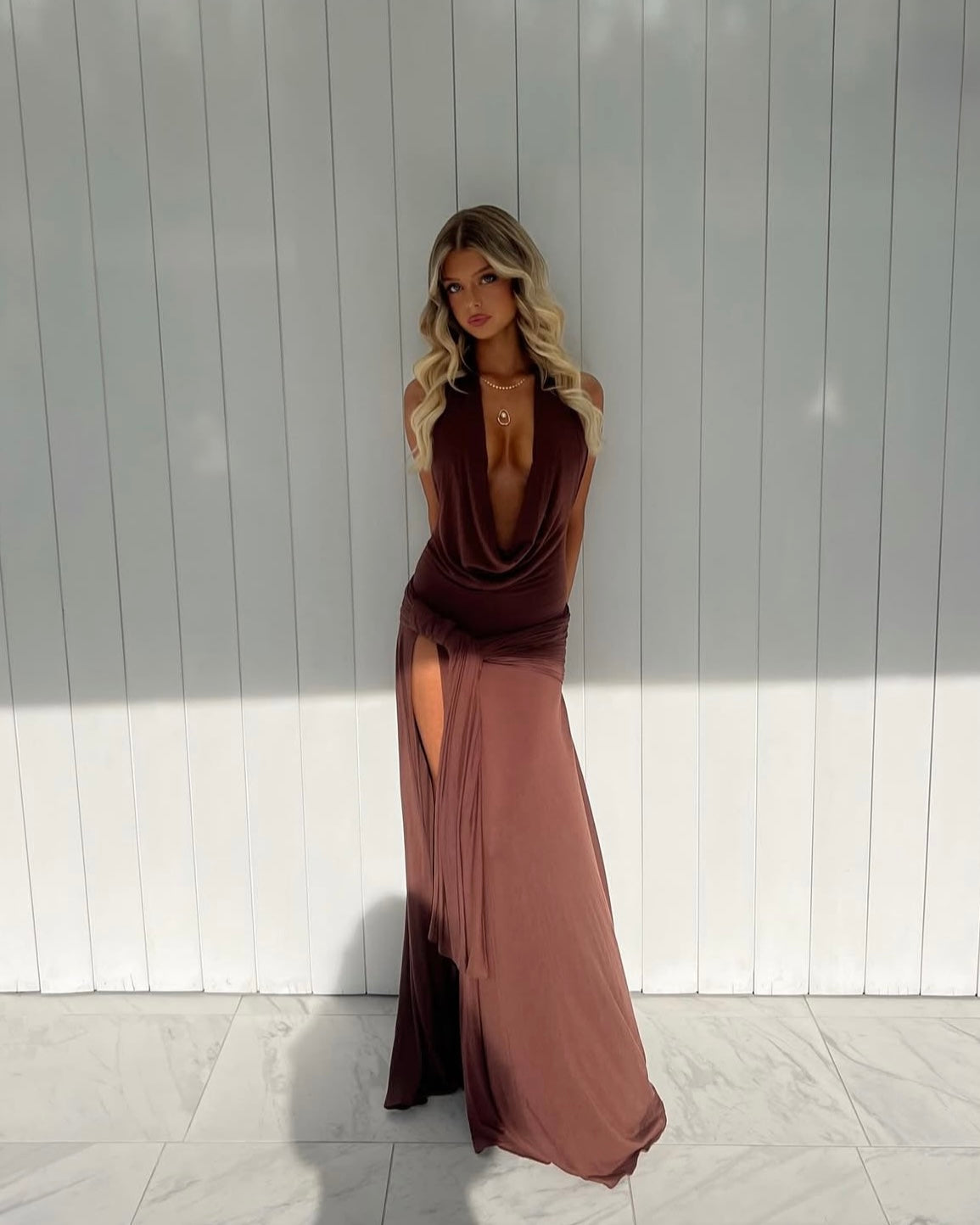 Evelyn Halter Maxi Dress - Brown