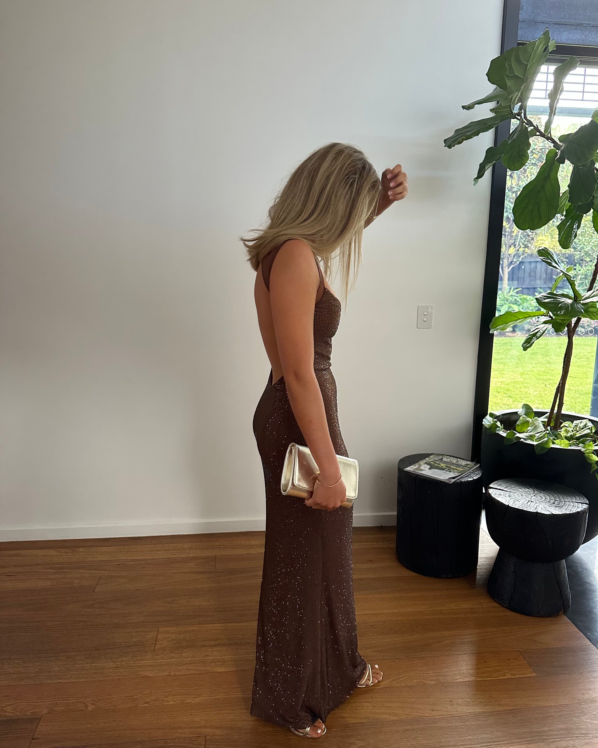 jasmyn hot fix maxi dress with mesh back - chocolate Jasmyn Hot Fix Maxi Dress With Mesh Back / Chocolate | MESHKI